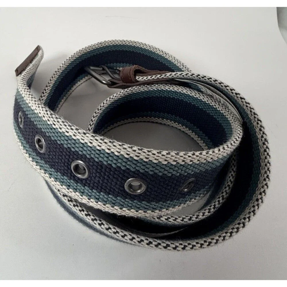 Fat Face Belt Leather Trim Fabric Webbing Classic Brushed Silver Striped Size 40